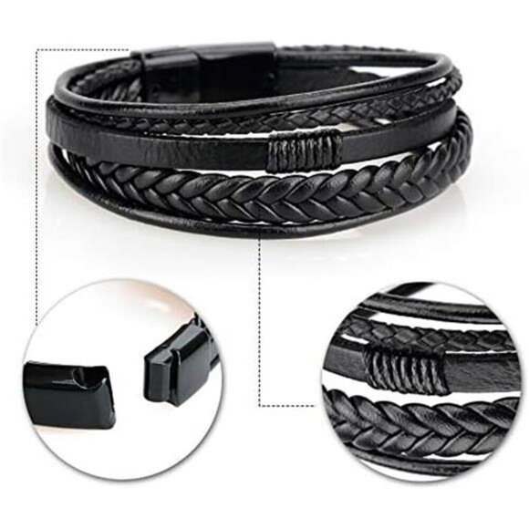 Mens Black Brown Leather Bracelet Multi Strand Braided Casual Wristband Gift - Picture 6 of 8